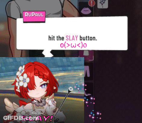 A Girl With Red Hair Is Holding A Cane And Says " Slay " GIF
