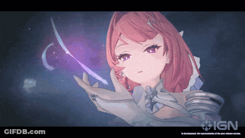 A Girl With Red Hair Is Holding A Purple Object In Her Hands With The Ign Logo Behind Her GIF