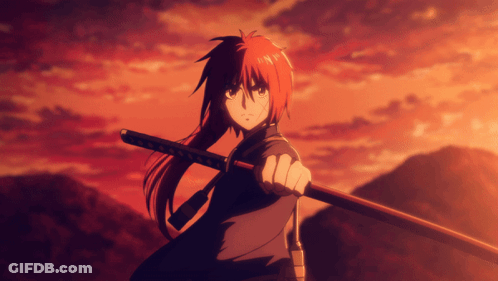 A Girl With Red Hair Is Holding A Sword GIF