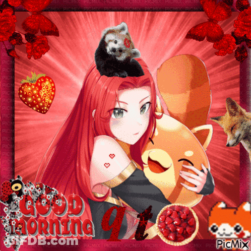 A Girl With Red Hair Is Hugging A Teddy Bear With A Red Panda On Her Head And The Words Good Morning At The Bottom GIF
