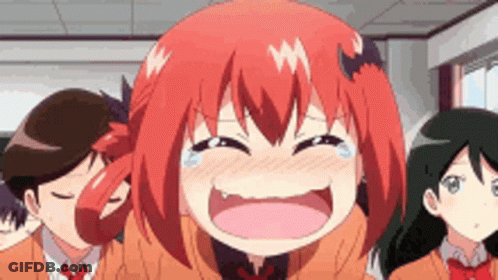 A Girl With Red Hair Is Laughing And Crying In Front Of A Group Of Anime Characters . GIF