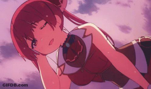 A Girl With Red Hair Is Laying Down With Her Eyes Closed And A Purple Sky In The Background GIF
