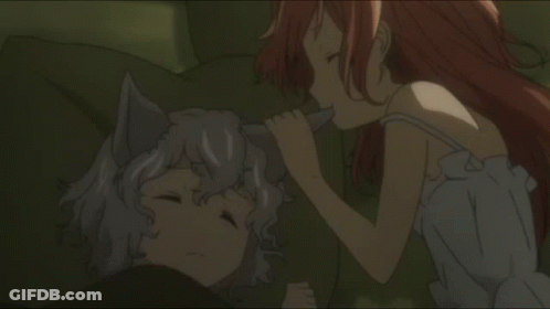 A Girl With Red Hair Is Looking At A Sleeping Girl With A Cat Ear GIF