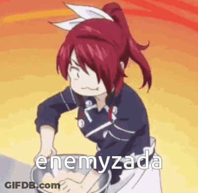 A Girl With Red Hair Is Mixing Something In A Bowl With The Words Enemyzada Written On The Bottom . GIF