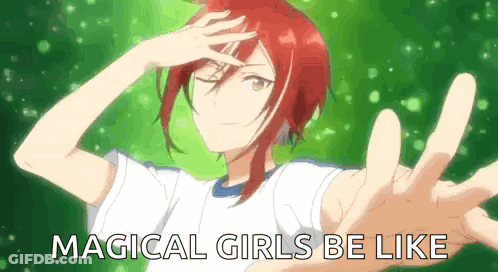 A Girl With Red Hair Is Reaching Out With The Words Magical Girls Be Like Behind Her GIF