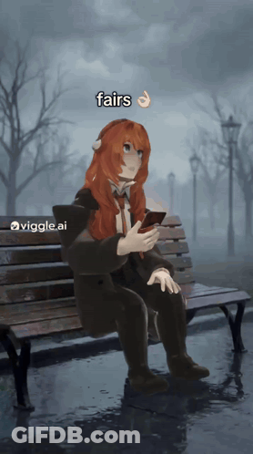 A Girl With Red Hair Is Sitting On A Park Bench With The Words Fairs Above Her GIF