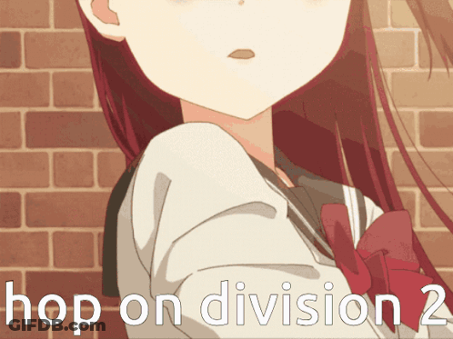 A Girl With Red Hair Is Standing In Front Of A Brick Wall With The Words Hop On Division 2 Below Her GIF