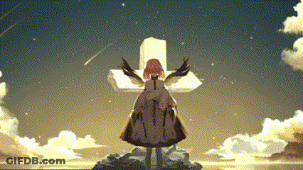 A Girl With Red Hair Is Standing In Front Of A Cross With Wings . GIF