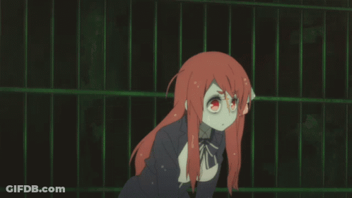 A Girl With Red Hair Is Standing In Front Of A Green Fence GIF