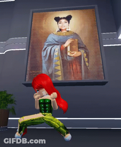 A Girl With Red Hair Is Standing In Front Of A Painting Of A Woman Holding A Book With A Cross On It GIF