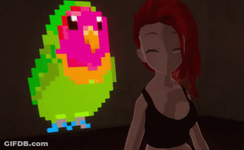A Girl With Red Hair Is Standing In Front Of A Pixel Art Of A Bird GIF