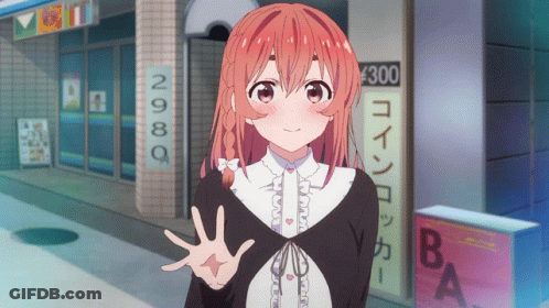 A Girl With Red Hair Is Standing In Front Of A Store That Says 300 GIF