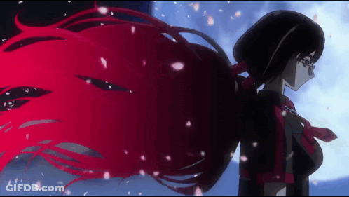 A Girl With Red Hair Is Standing In Front Of Petals Falling From The Sky GIF