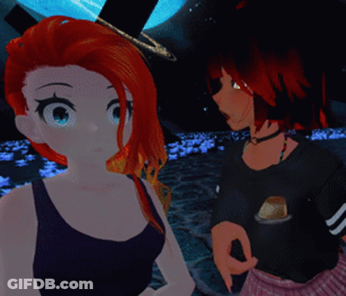 A Girl With Red Hair Is Standing Next To Another Girl With Black Hair GIF