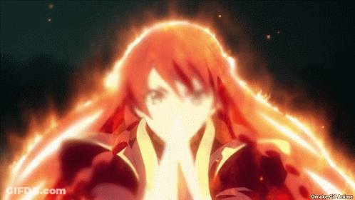 A Girl With Red Hair Is Surrounded By Flames And Says Omake Girl Anime On The Bottom Right GIF
