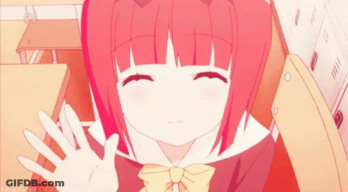 A Girl With Red Hair Is Waving Her Hand In Front Of A Locker With The Letters Eh On It GIF