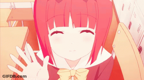 A Girl With Red Hair Is Waving Her Hand In Front Of A Locker With The Letters Eh On It GIF