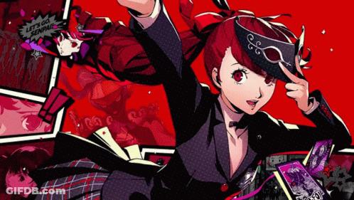 A Girl With Red Hair Is Wearing A Mask That Says Let 'S Go Senpai On It GIF