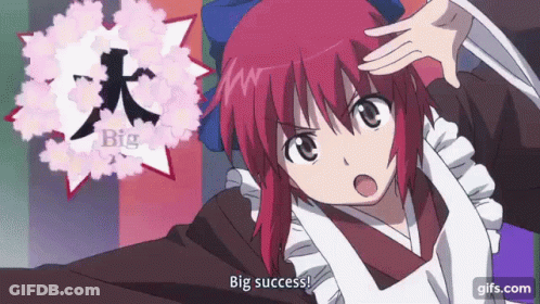 A Girl With Red Hair Is Wearing A White Apron And A Kimono And Says Big Success . GIF