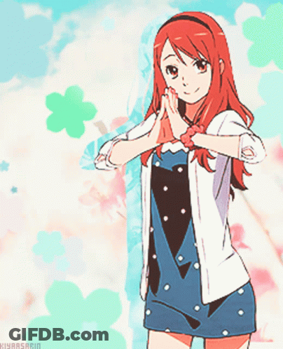 A Girl With Red Hair Is Wearing A White Jacket And Blue Dress GIF