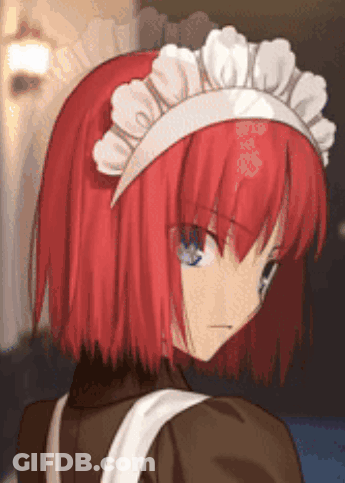 A Girl With Red Hair Is Wearing A White Maid 'S Hat GIF