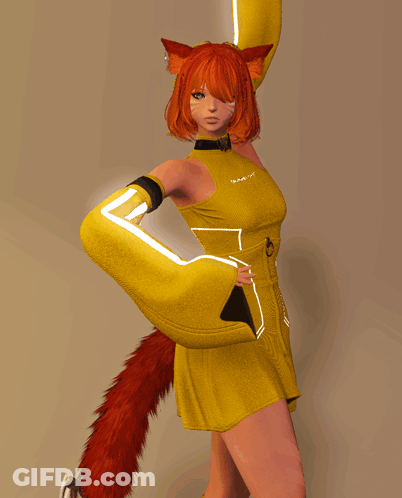 A Girl With Red Hair Is Wearing A Yellow Dress And Gloves With The Word Blaze On Them GIF