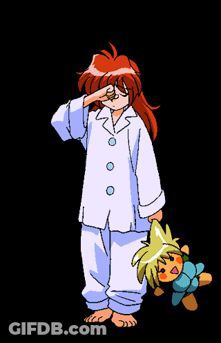 A Girl With Red Hair Is Wearing Pajamas And Yawning While Holding A Stuffed Animal GIF
