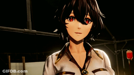 A Girl With Short Black Hair And Red Eyes Is Wearing A White Shirt With Gold Buttons GIF