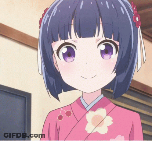 A Girl With Short Hair And Purple Eyes Is Wearing A Pink Kimono With Flowers On It GIF