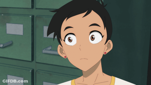A Girl With Short Hair And Red Earrings Is Looking Up GIF
