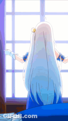 A Girl With White Hair And A Blue Dress Is Standing In Front Of A Window GIF