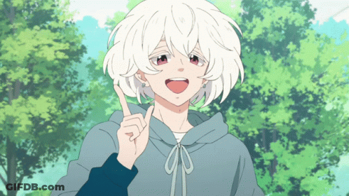 A Girl With White Hair And A Blue Hoodie Points Up GIF