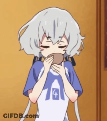 A Girl With White Hair And A Blue Shirt With The Number 4 On It Is Eating Something . GIF