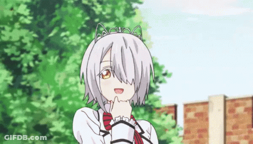 A Girl With White Hair And A Cat Ear Headband Is Standing In Front Of Trees . GIF