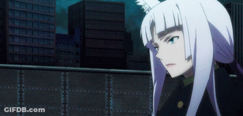 A Girl With White Hair And A Fox Ear Is Standing In Front Of A City Skyline GIF
