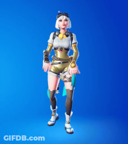 A Girl With White Hair And A Goggles On Her Head Is Standing In Front Of A Blue Background GIF