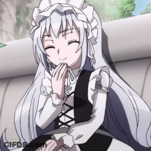A Girl With White Hair And A Maid Outfit Is Smiling GIF