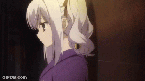 A Girl With White Hair And A Ponytail Is Standing In A Dark Room GIF