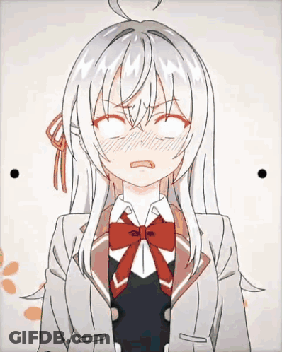 A Girl With White Hair And A Red Bow Tie Is Making A Funny Face With Her Eyes Closed . GIF