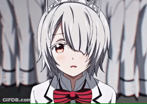 A Girl With White Hair And A Red Bow Tie Is Standing In Front Of A Crowd . GIF