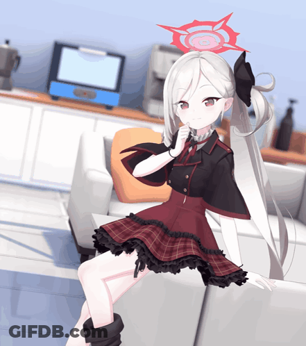 A Girl With White Hair And A Red Circle On Her Head GIF