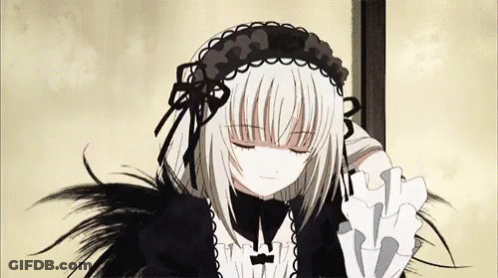 A Girl With White Hair And Black Feathers Is Holding A Fan GIF