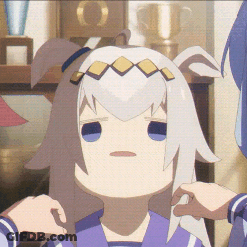 A Girl With White Hair And Blue Eyes Is Being Held By Another Girl GIF