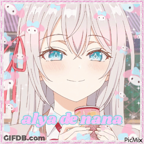 A Girl With White Hair And Blue Eyes Is Holding A Can Of Soda GIF