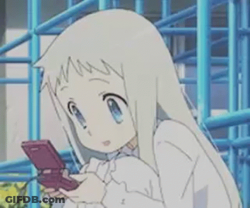 A Girl With White Hair And Blue Eyes Is Holding A Pink Cell Phone . GIF