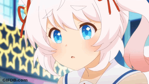 A Girl With White Hair And Blue Eyes Is Looking At Something GIF