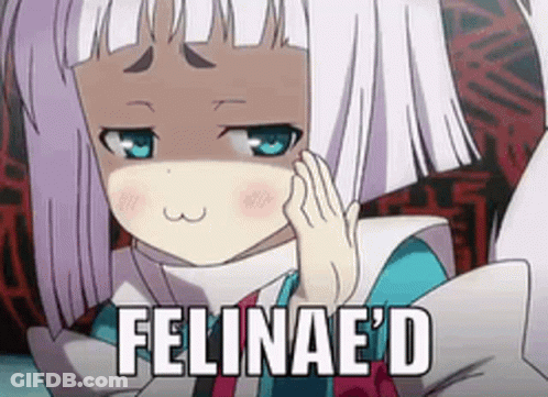 A Girl With White Hair And Blue Eyes Is Making A Funny Face And The Words Felinae 'D Are On The Bottom GIF