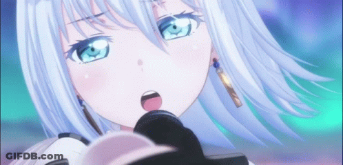 A Girl With White Hair And Blue Eyes Is Singing Into A Microphone In An Anime . GIF