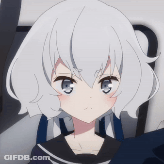 A Girl With White Hair And Blue Eyes Is Sitting In A Chair GIF
