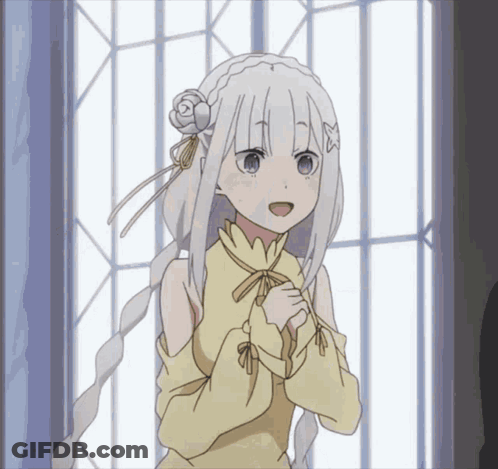 A Girl With White Hair And Blue Eyes Is Standing In Front Of A Window With Her Hands Folded GIF